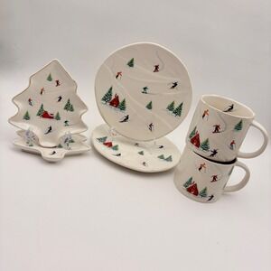 Potters Studio Winter Ski Village Ceramic Plate Mug Set Christmas Holiday